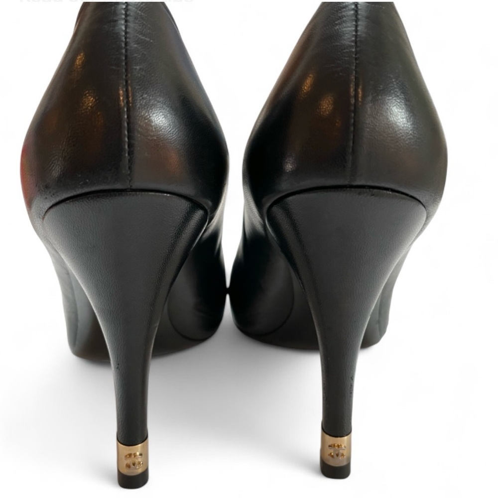 Chanel Black Leather Peep-Toe Pearl Logo Heels Size 8.5 - Picture 13 of 15